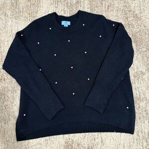 CeCe Navy blue Crew Neck Sweater with Pearl Accents